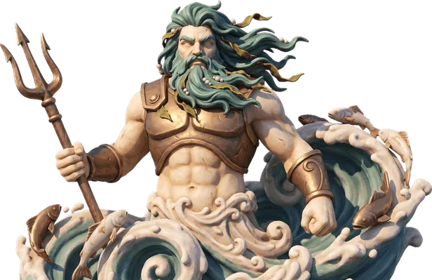 Poseidon with windswept sea-green hair and beard, and bronze armour