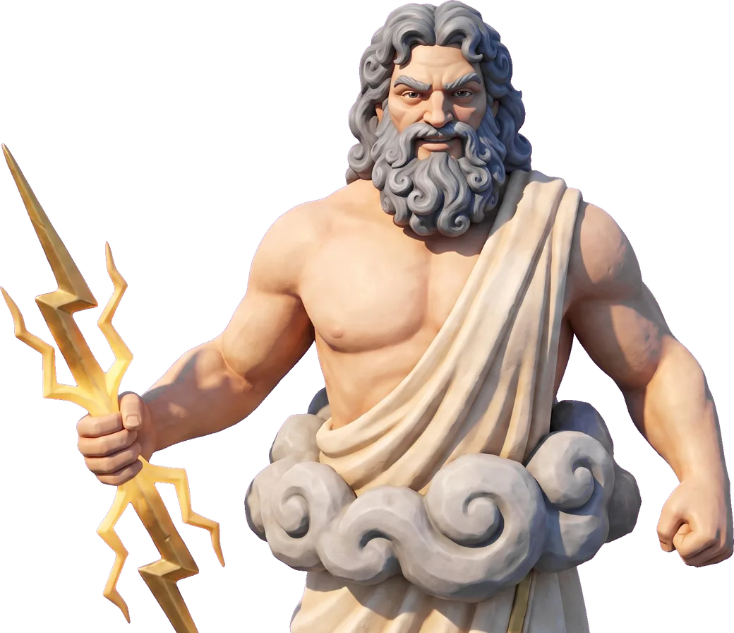 Zeus with silver curls, a flowing grey beard and an ivory robe
