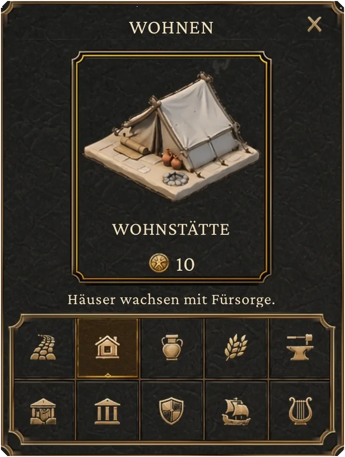 iPhone-Spielaufnahme von Elysias bronzefarbenem Bau-Menü für Wohnhäuser auf dunklem Stein
