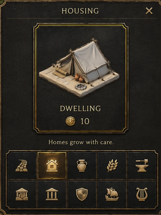 Approved Elysia Housing interface art with a dwelling card and bronze category controls