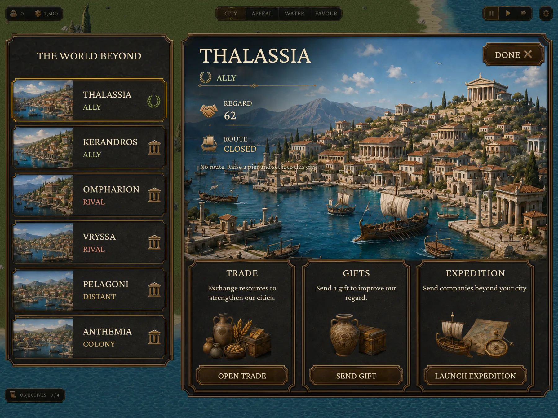 iPad gameplay capture of Elysia's World view, with allied and rival Aegean cities, trade, gifts and expedition controls